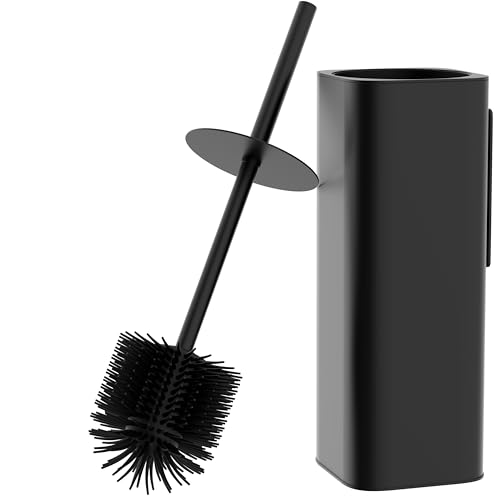 Hovea WC3680 – Kit de cepillo de inodoro colgante – cepillo de silicona y carcasa de metal – color negro mate – sin taladrar – Fijación de pared con adhesivo o tornillos – Escoba cepillo de aseo