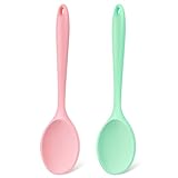 Armrouns Silicone Mixing Spoons 2-Pack, 10.8' Large High Heat Resistant Nonstick Cooking spoon for Stirring, Mixing and Serving, Green & Pink Rubber Spoon.