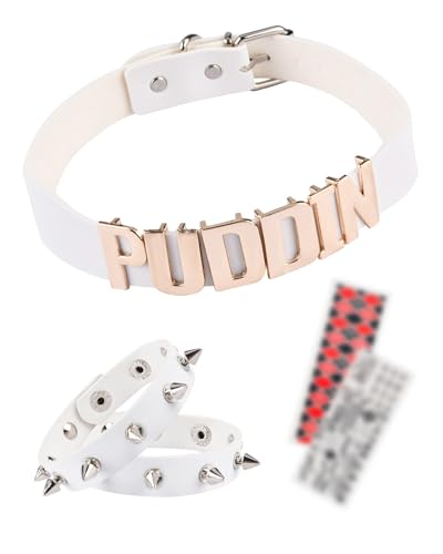 ABONDEVER Puddin Choker Halloween Set Adjustable Punk Leather Letter Collar Necklace Tattoo Stickers Rivets Spike Bracelet Halloween Cosplay Accessories for Women(White-A)