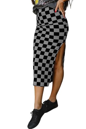 EARKOHA Checkered Slit Midi Skirt for Women Summer High Waisted Sexy Bodycon Skirts Black Gray M