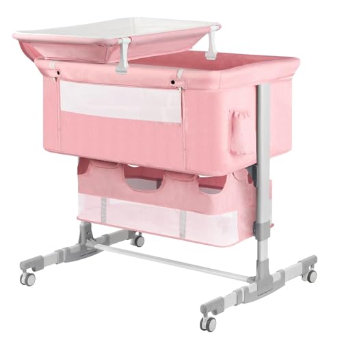 Image of UNISWAN Baby Bassinet Bedside Sleeper with Diaper Changing Station + Mosquito Net + 16gallon Capacity Storage, Adjustable & Portable Bassinet Cosleeping Baby Bed (Pink)