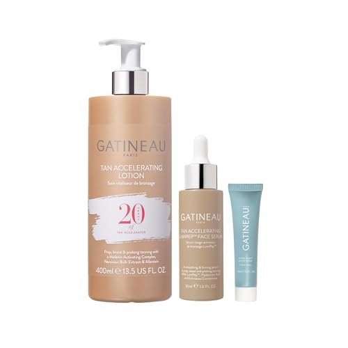 GATINEAU Tan Accelerating Lotion, Lumipep Face Serum & Hydra Aura Water Cream - Hydrating Trio for Face & Body, Preps, Enhances & Prolongs Natural Tan While Smoothing & Plumping Skin