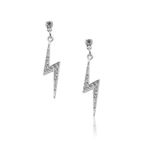 Spinningdaisy Silver Plated Crystal Lightning Bolt Earrings