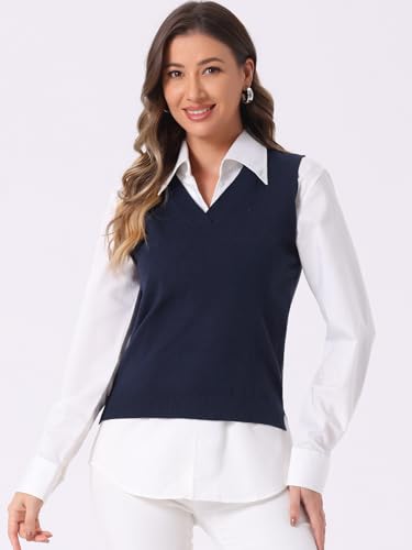 Image of Allegra K Women's V Neck Sweater Vest Knit Pullover Sleeveless Sweater Top | v neck, sleeveless, solid color, high low hem, basic pullover sweater vest, knit fabric, spring casual top