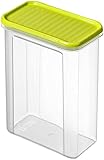 Lieferumfang: 1 eckiger Vorratsbehälter 1.5 Liter inkl. Deckel - Masse . 16.5 x 9 x 19.5 cm (LxBxH) - Unterteil transparent, Deckel limettengrün