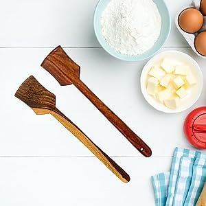 Image of Shoppee Wooden Cooking Spoons Set of 2 with Flip Flaps, Non-Toxic Spatula (Palta for Dosa /Roti | Handmade | Ideal for Non Stick)