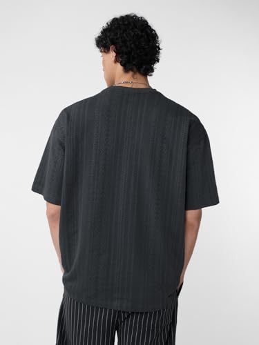 Image of The Souled Store Textured T-Shirt: Midnight Men and Boys Short Sleeves Round Neck Grey Cotton Oversized T-Shirts