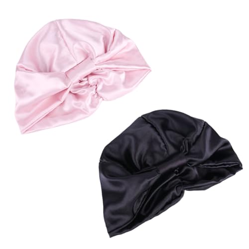 HOMSFOU Gorros de Satén Doble Capa para Dormir y Ducha, Elásticos, Grandes para Cuidado del Cabello de Mujer, Set 2 Piezas (negro Rosa) para Proteger Cabello Rizado y Color Aleatorio