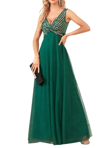 Women Maxi Sequin Formal Evening Party Dresses Glitter Empire Waist V Neck Sleeveless Tulle Wedding Guest Dress Dark Green XL