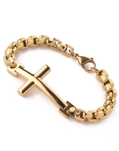 Stainless Steel Mens Cross Bracelet - 18K Gold Plated 316L Christian - Religious Jewelry for Women