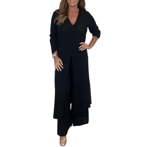 Women's Casual 2 Piece Sets Outfits Dressy Long Sleeve Slit Top Plus Size Pant Suits for Wedding Guest Outfit