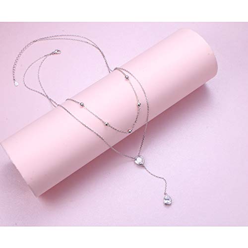 FLYOW Layered Necklace S925 Sterling Silver Teardrop Double Choker Y Lariat Long Chain Necklace Birthday Mother's Day Gifts for Women Ladies Mother Wife3