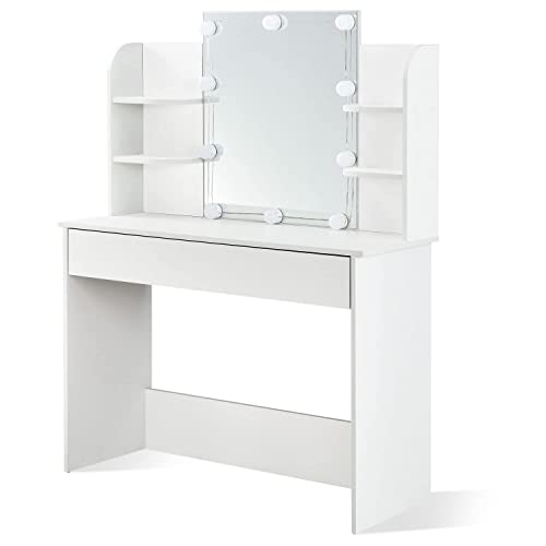 Juskys Coiffeuse Bella avec éclairage LED, miroir, tiroir et 4 étagères, coiffeuse cosmétique (blanc) (108x40x140cm) Cover