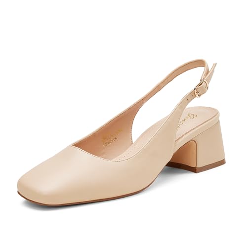GENSHUO Women's Pumps Square Toe Slingback Low Heels Block Chunky Heel 2.36 Inch Black White Navy Blue Nude Dress Shoes for Daily Office Party