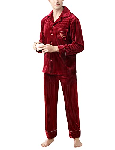Snoly Men's Winter Velvet Velour Pajama Set Lounge Striped Sleepwear Pjs Nightwear With Long Sleeve