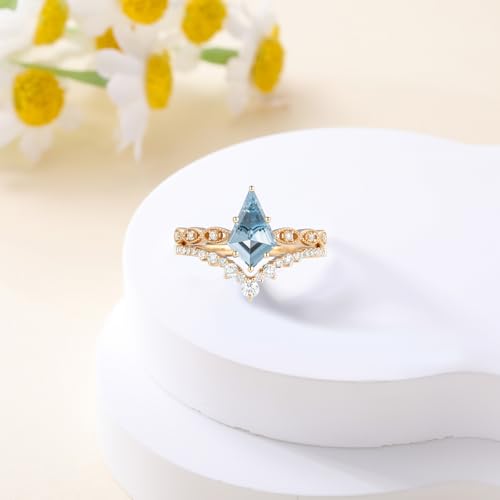 Solid Gold Kite Cut Gemstone and Diamond Wedding Ring Sets for Women, 10K 14K 18K Vintage 2pcs Bridal Rings Set Art Deco Engagement Promise Rings Anniversary Christmas Gifts for Mother Grandma2