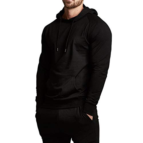 Magiftbox Men's Long Sleeve Raglan Pullover Hoodie with Pockets Gym Jogging Active Sports Sweatshirts T11_Black_US-XL