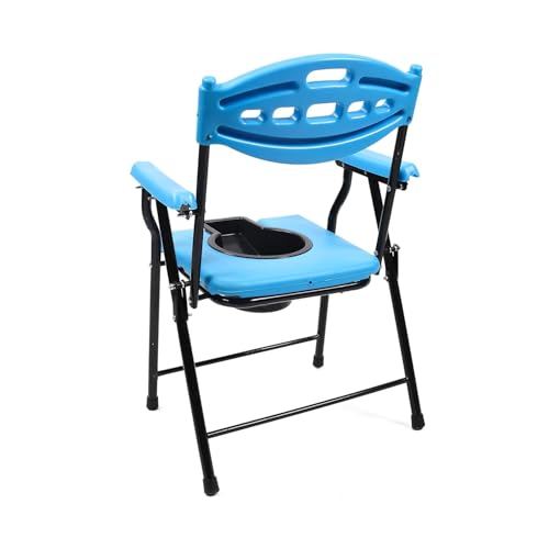 Image of Folding Elderly Disabled Man And Pregnant Woman Stainless Steel Shower And Bathing Room Mobile Commode Chair With Toilet Seat Comfortable Safe Toliet Stool Anti-Skid (Blue)