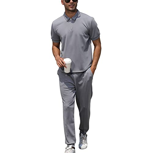 Fznhql Men's Tracksuits 2 Piece Casual Exercise Fitness Apparel Running Sweatsuits Active Golf Shirts And Track Pants Suit Set Outdoors Sports Jogging Outfit Gray L #TOP18