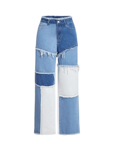 WDIRARA Women's Color Block Patchwork Jeans Raw Trim Zipper Fly Straight Leg Denim Pants