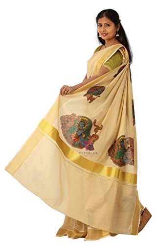 YETTALAN® Women's Mural Printed Kerala Gold Tissue Saree with Running Blouse