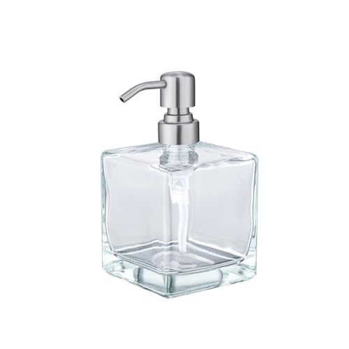 Image of Square Bathroom Soap Dispenser Brushed Nickel, Large Capacity 16.9 oz Glass Bottles with Stainless Steel Pump Retangle Cube Liquid Soap Dispenser Kitchen