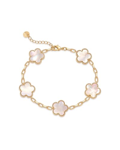 PAVOI 14K Gold Plated Clover Bracelets for Women - Flower Four Leaf Clover Bracelet - Mother of Pearl & Onyx Gemstone Lucky Flower Design - Adjustable Trendy Jewelry Gifts
