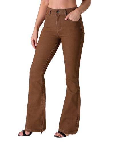 roswear Women's Trendy Stretchy Flare Jeans Mid Rise Bootcut Curvy Denim Pants Brown Medium