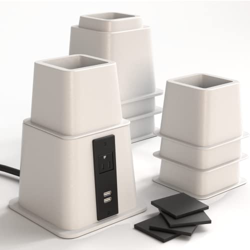 Home Intuition Heavy Duty Adjustable Bed Risers Furniture Riser 3, 5 or 8-Inch, 4 Pack (White W/USB)