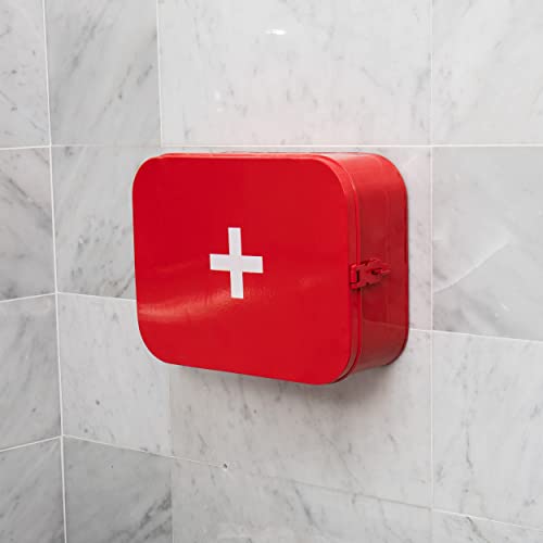 Mind Reader First Aid Box, Emergency Kit, Medical Supply Organizer, Wall Mountable, Metal, 12.25"L x 9.25"W x 4.25"H, Red