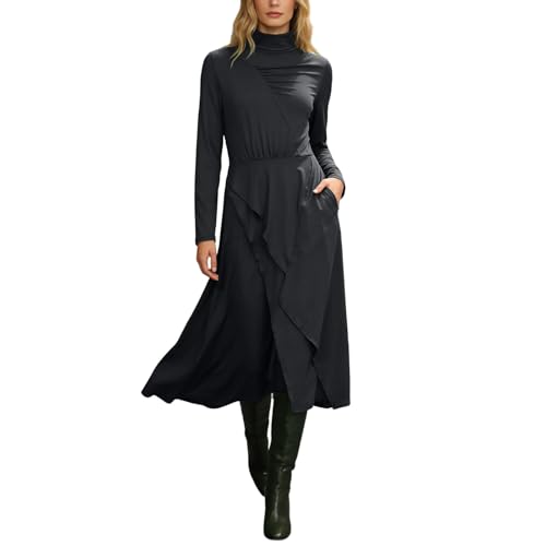 Robe de cocktail vintage longue pour femme : robe de soirée col roulé avec poches chic