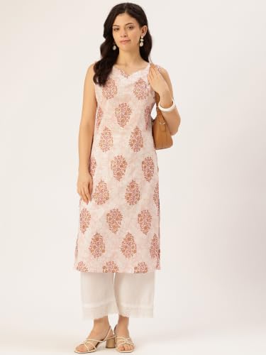 Image of feranoid Women's Pure Cotton Floral Print Straight Kurti | Elegant Curved V-Neck | Sleeveless Calf-Length Ethnic Wear | Comfortable Regular Fit | Sizes XS-XXL