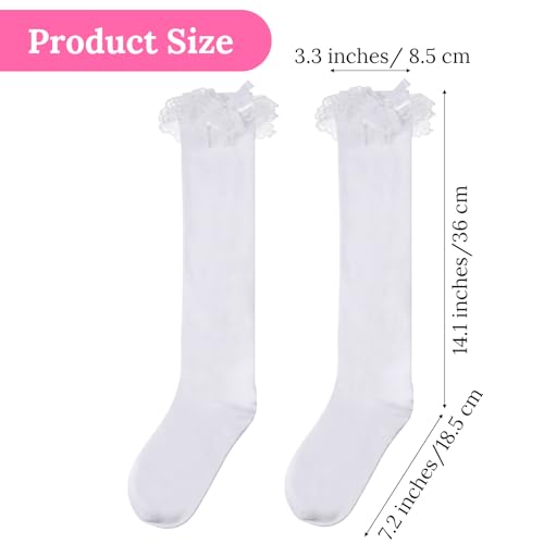 Teaaha White Knee High Socks with Bow, Women's Soft Solid Lace Thigh High Stocks Cotton Socks Lovely and Cute Lace Ruffle Bow Girls Princess Socks over the Knee Tube Socks High Stockings2