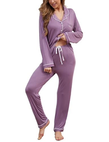 Image of Button Up Pajamas for Women Long Sleeve Sleepwear Soft Loungewear Ladies Pjs Set XS-XXL