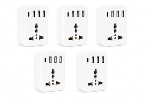 Image of MX 5-in-1 MultiPort Adapter with Cordless Extension Board | Universal AC Socket, 1 x Type C, 3 x USBs, 2500W Output, 15W USB C & 3.4A USB-A PD Charging Output for Tight Spaces, Travel Adapter, 5 Pack