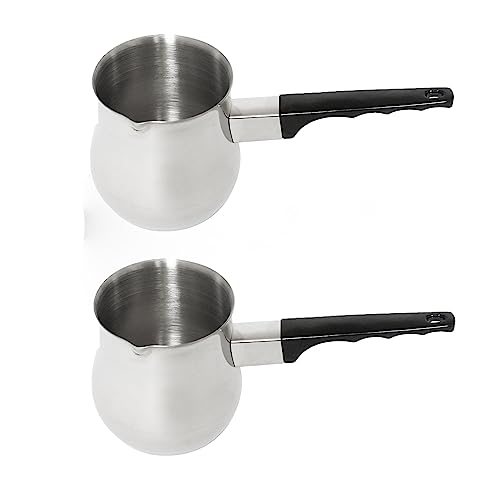 TrueCraftware- 12 oz Stainless Steel Turkish Coffee Decanter with Black Easy-Grip Handle Set of 2- Turkish Coffee Maker Chai Pot Arabic Coffee Pot Briki Greek Coffee Pot Greek Briki Cezve Ibrik