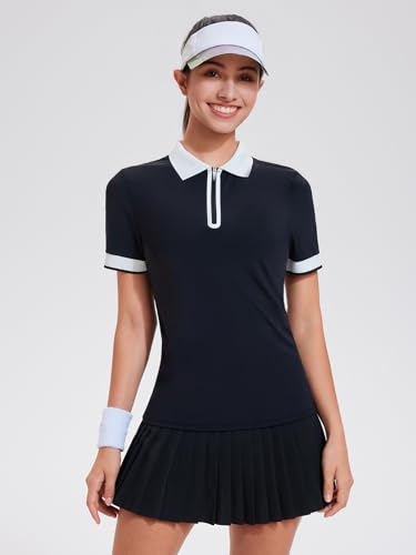 Image of Tennis Skirt Sets for Women Zipper Color Block High Waisted Golf Polo Two Piece Skirt Set Women 2 Piece Outfits