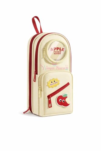 Image of Apple Foodie Cream Pencil Pouch, 7-Layer Multi-Compartment Backpack Style Pencil Case with Visible Display Window & Patch, Large Capacity Organizer
