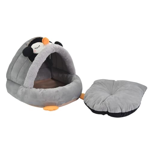 Cama Pet Toca Pinguim Pelúcia Almofada Removível, Bixo Ferpa Cinza