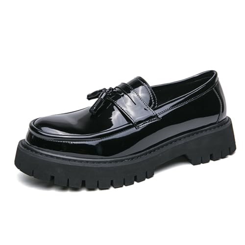 Image of Mens Leather Slip-On Platform Dress Tassels Loafers Non-Slip Low Top Round Toe Chunky Penny Shoes for Business Casual Dress Prom Party