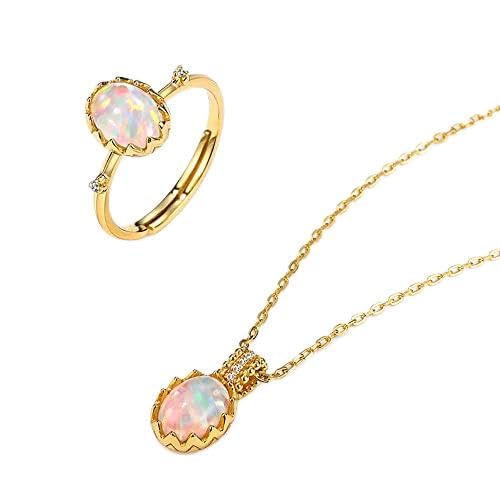 Collier et bague en argent S925 et or 9k avec opale rétro de luxe