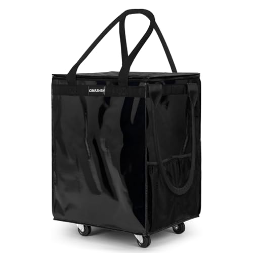 CIMAZHEN (Medium Black) Reusable Grocery Bag on 4 Wheels 70L Foldable Rolling Tote Bag with 3 Handles and Zipper Rolling Shopping Cart for Groceries Storage Laundry Travel Organizer 76lb