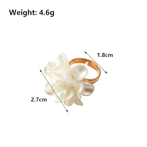 Unique Flower Adjustable Statement Ring for Women,Gold Plated White Camellia Rose Ring,Clear Floral Petal Round Pearl Wedding Promise Finger Ring2