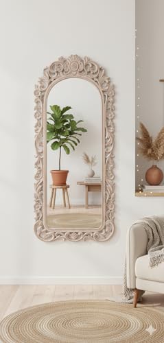 Image of Wooden Hand-Carved Mirror Frame, Full Length, Taj Look Design, Antique White, Wall Mounted, Without Mirror only frame For Bedroom Home Decor| Living Room | Wall Hanging size 24x48 inch