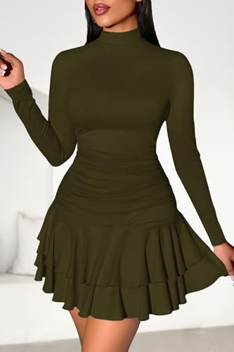 PRETTYGARDEN Women's Y2K Ruffle Layered Bodycon Mini Dress | Long Sleeve Mock Neck Ruched A-Line Fall Clothes 2026,Ribbed Knit Party Wedding Guest Cocktail Dresses,Winter Vacation Outfit - image 7