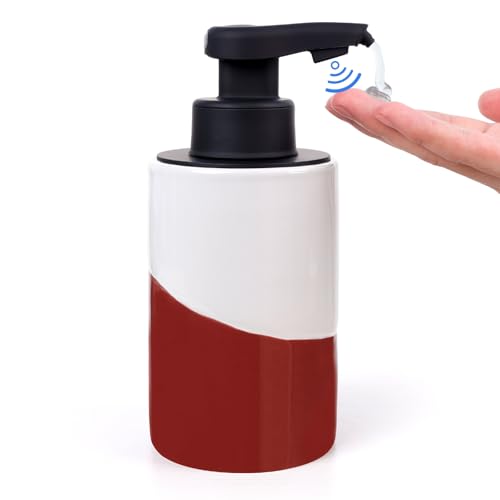 BosilunLife Automatic Soap Dispenser Ceramic Hand Free Soap Dispenser with Waterproof Pump Rechargeable Smart Electric Soap Lotion Dispenser Touchless for Kitchen Bathroom (White-Red, Liquid