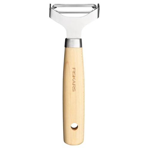Fiskars Folken Y-Sparschäler mit beweglicher Klinge, Schäler für Obst und Gemüse, Klinge aus hochwertigem Stahl, Griff aus FSC-zertifiziertem Ahornholz, 1075682, Braun