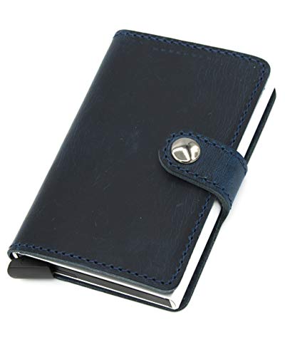 Preisvergleich Produktbild DENA Kreditkartenetui Leder Aluminium RFID Schutz, Blau, dünn / flachwallet Geldbeutel Geldbörse mit Geldklammer Damen / Herren kleine, minimalistisches Portemonnaie Slim (Echtes Leder) (Blau)