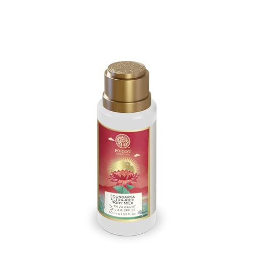 Image of Forest Essentials Travel Size Ultra Rich Body Milk Soundarya With 24K Gold & SPF25 | Ayurvedic Body Lotion with SPF | Tan Removal Natural Body Moisturizer, UVA & UVB Protection, Paraben Free | 50 ml
