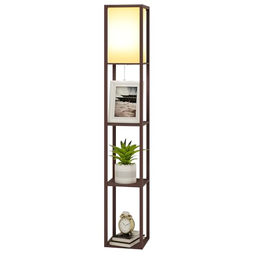 PULUOMIS Floor Lamp with Shelves, 3 Layers Wooden Shelf Standing Light, Modern Reading Lamp for Bedroom, Living Room, Office, Home Decoration (Size:26x 26x 160 cm) (Without Bulb)-Brown